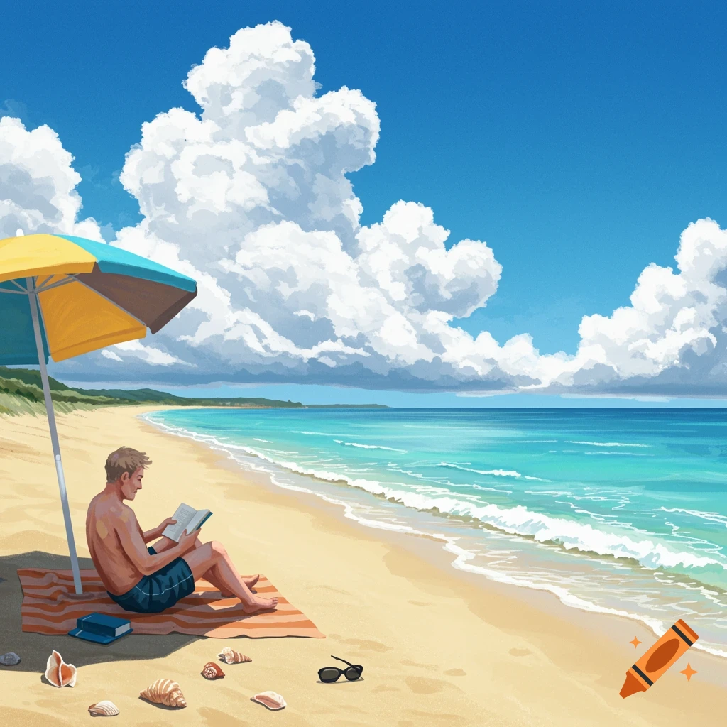 A man is reading under a beach umbrella on a sunny beach with clouds.