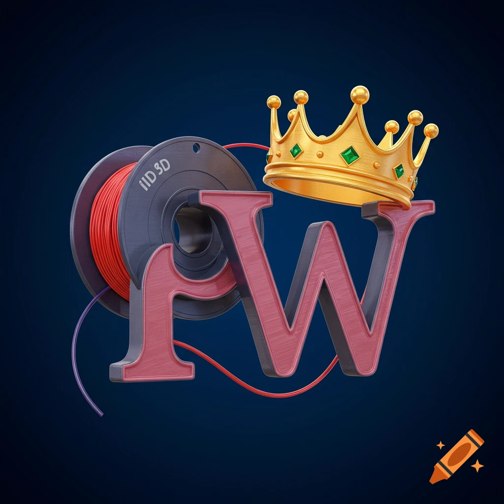 A stylized PW monogram combined with a 3D printer filament spool and a golden crown.