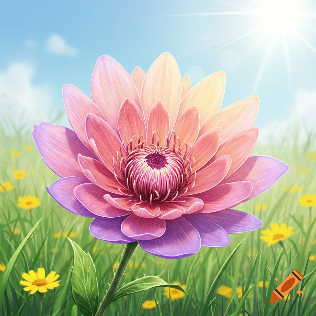 A large, colorful flower in a sunny field with yellow flowers.