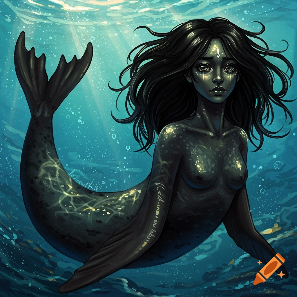 Dark-skinned seal lady swimming underwater.