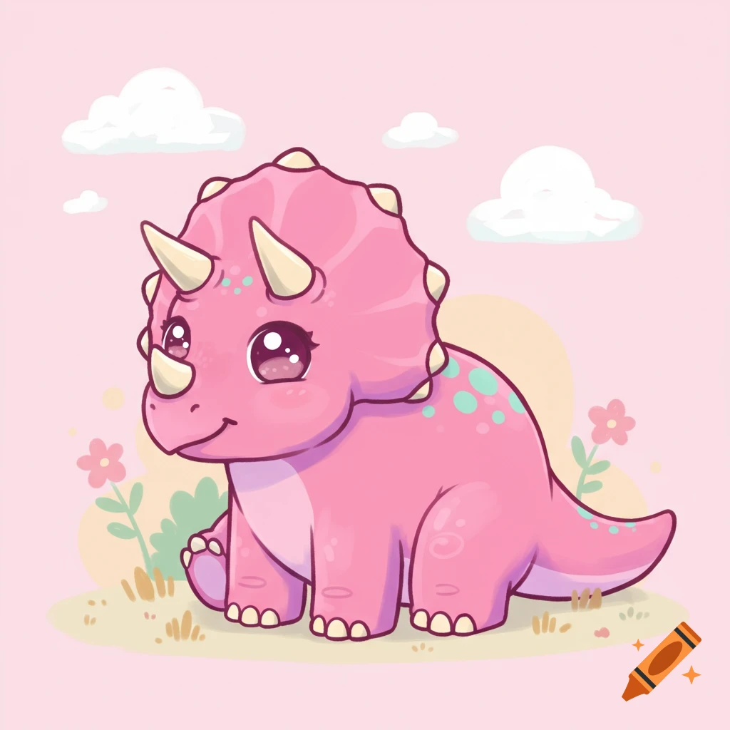 A cute pink cartoon triceratops dinosaur sitting in a field with flowers and clouds.