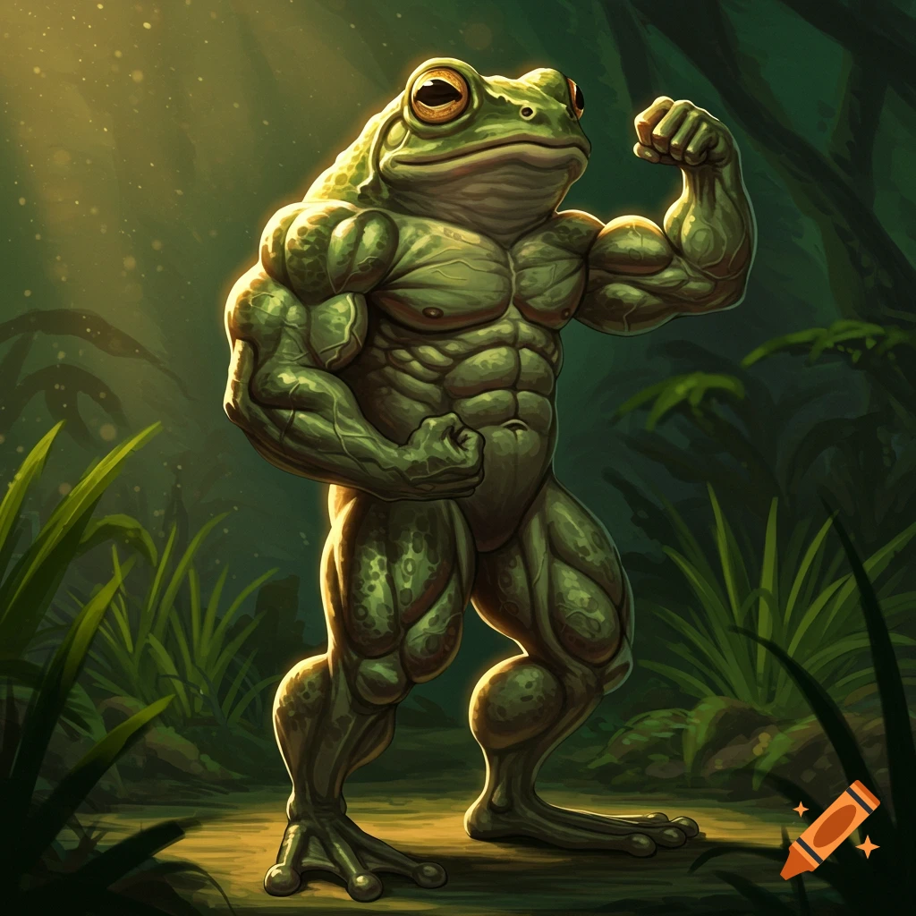 A muscular green frog flexing its muscles in a forest.