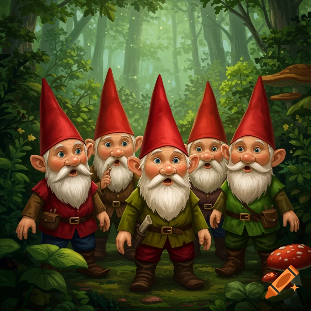 Five shocked gnomes stand in a whimsical forest.