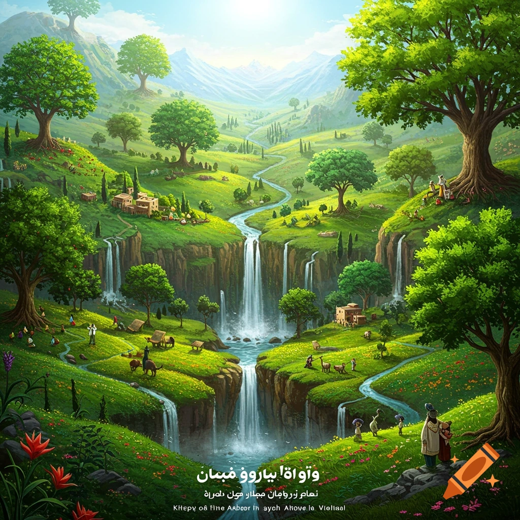 A vibrant green valley with waterfalls, villages, large trees, and distant mountains under a sunny sky.