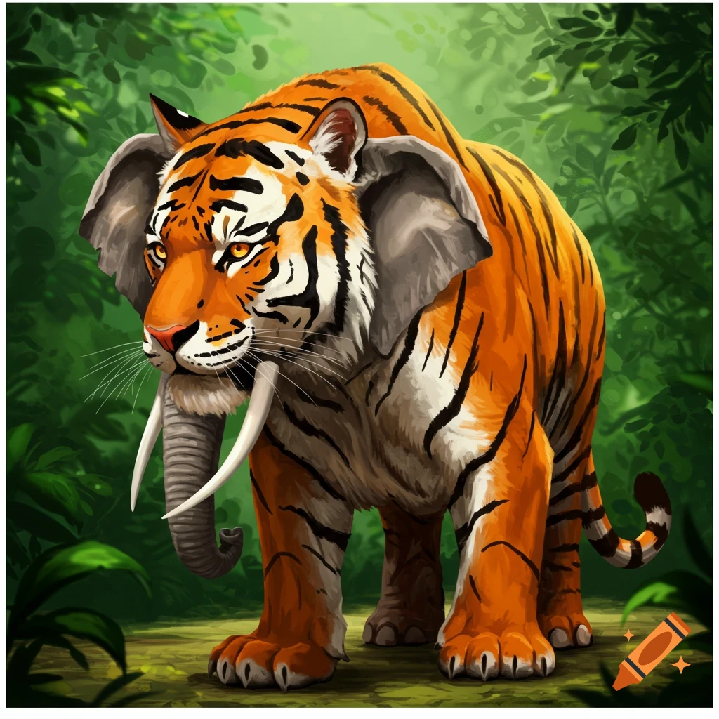 A tiger with elephant head features standing in a jungle.
