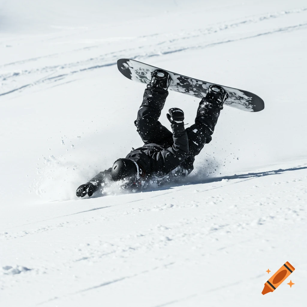 A snowboarder falls headfirst into deep snow, their board flipping overhead.
