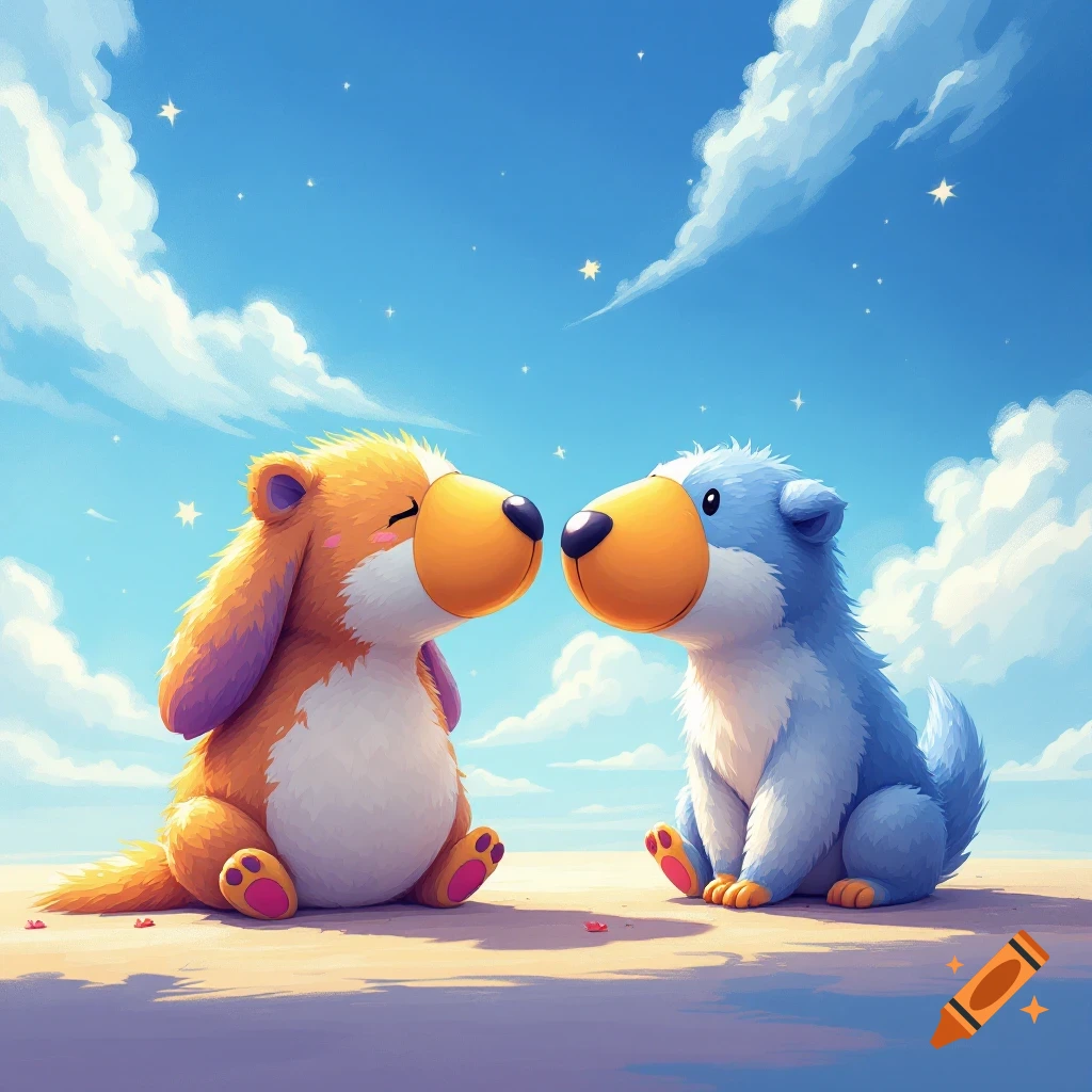 Two cute stylized animals are touching noses under a starry, cloudy sky.