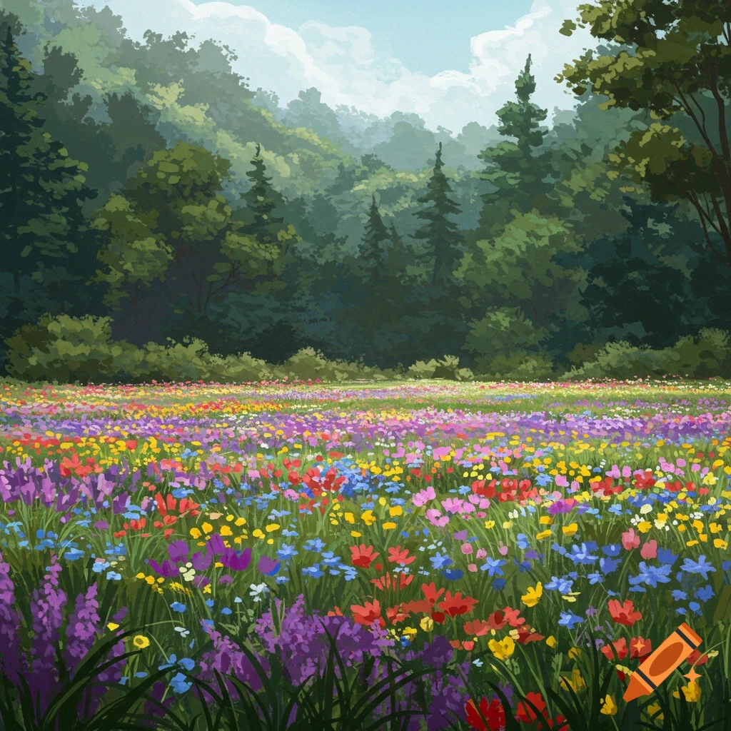 A field of colorful wildflowers stretches before a dense forest