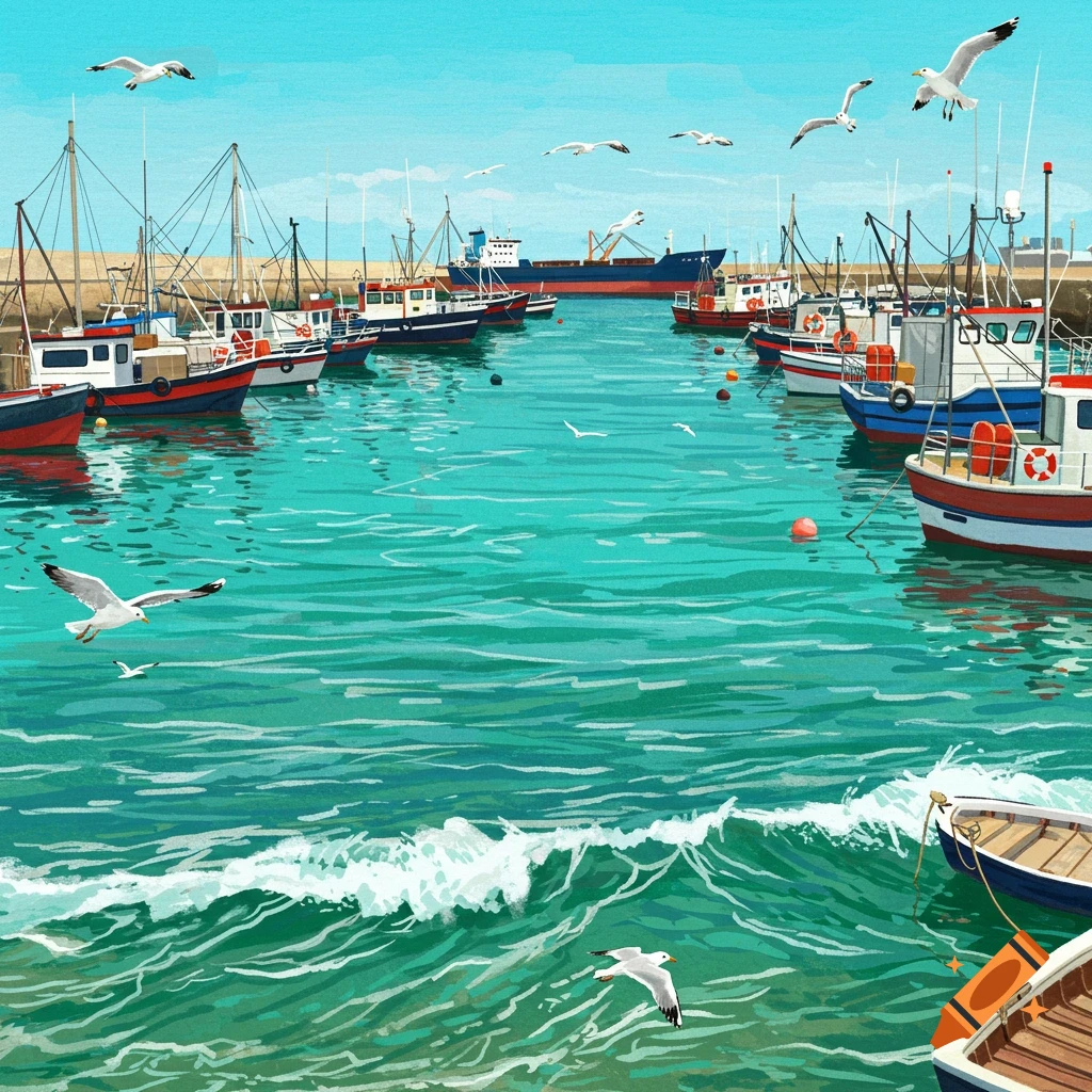 Fishing boats sit in a harbor as seagulls fly overhead.