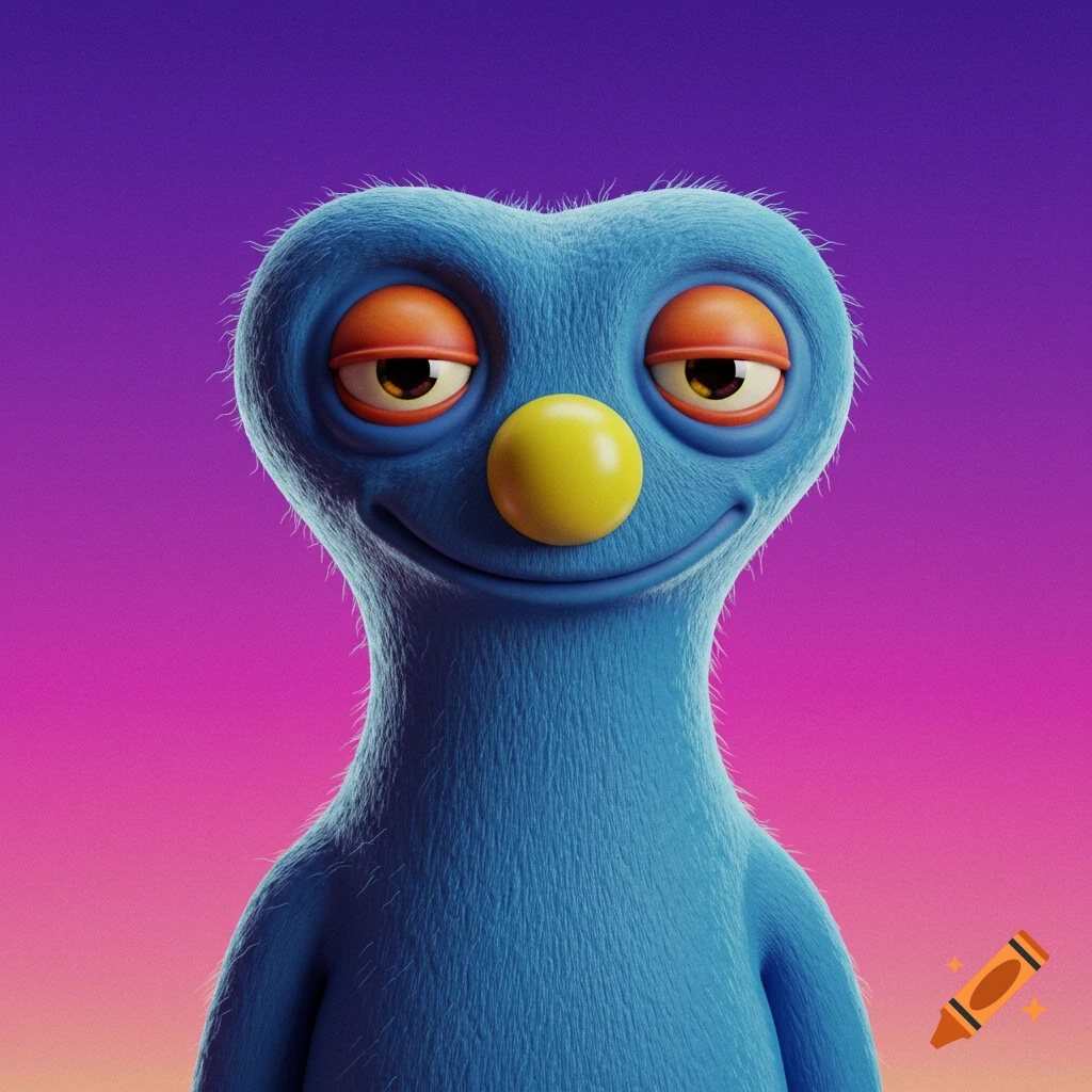 A blue, fuzzy monster with a heart-shaped head, yellow nose, and orange eyelids smirks against a purple and pink gradient.