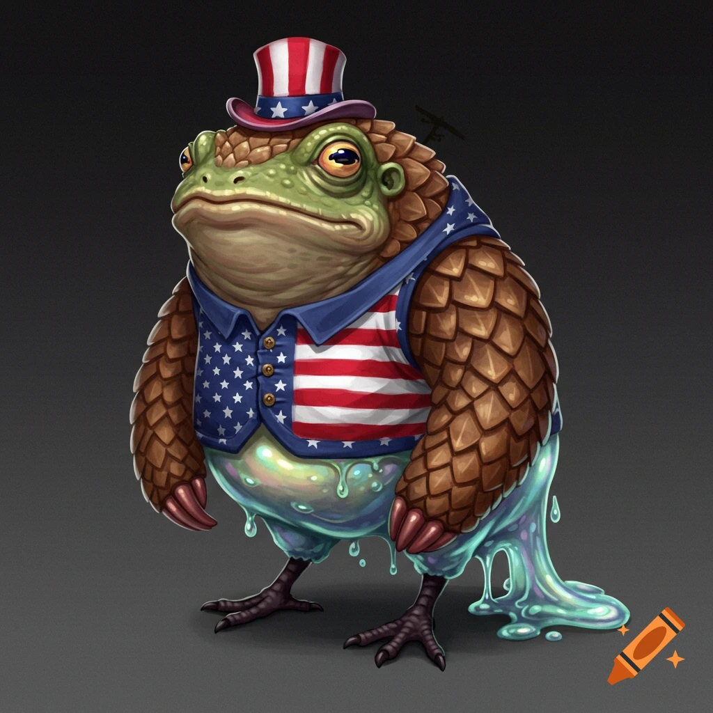 A chimaera creature with a frog head, pangolin arms, crow legs, and slime torso, wearing a patriotic vest and top hat.