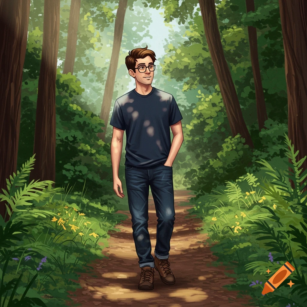 A man with glasses walks on a sun-dappled forest trail.