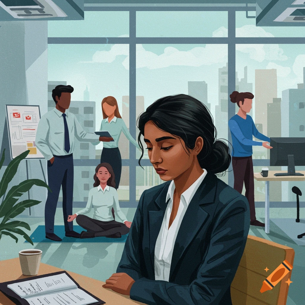 People in an office, one woman in foreground looking down, others working or doing yoga.