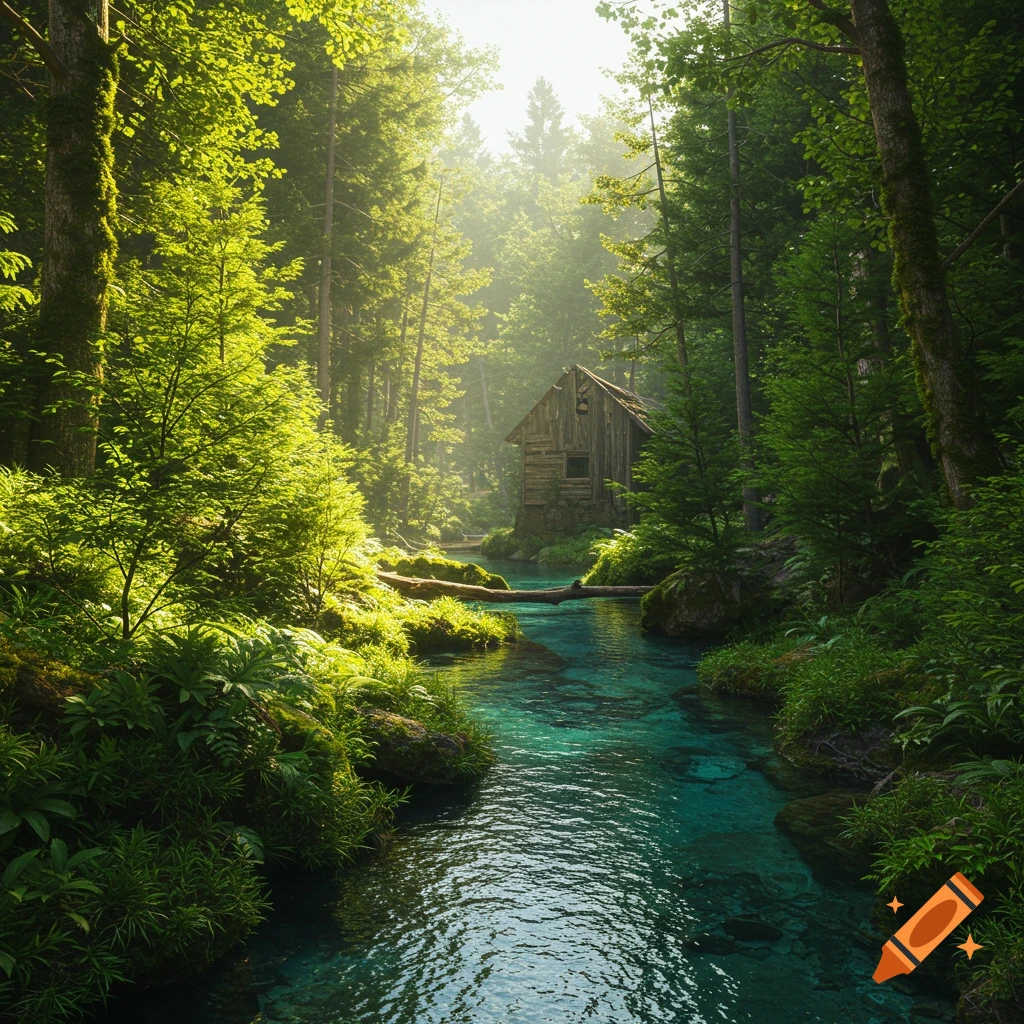 A clear stream flows through a lush green forest towards an old wooden cabin bathed in sunlight.