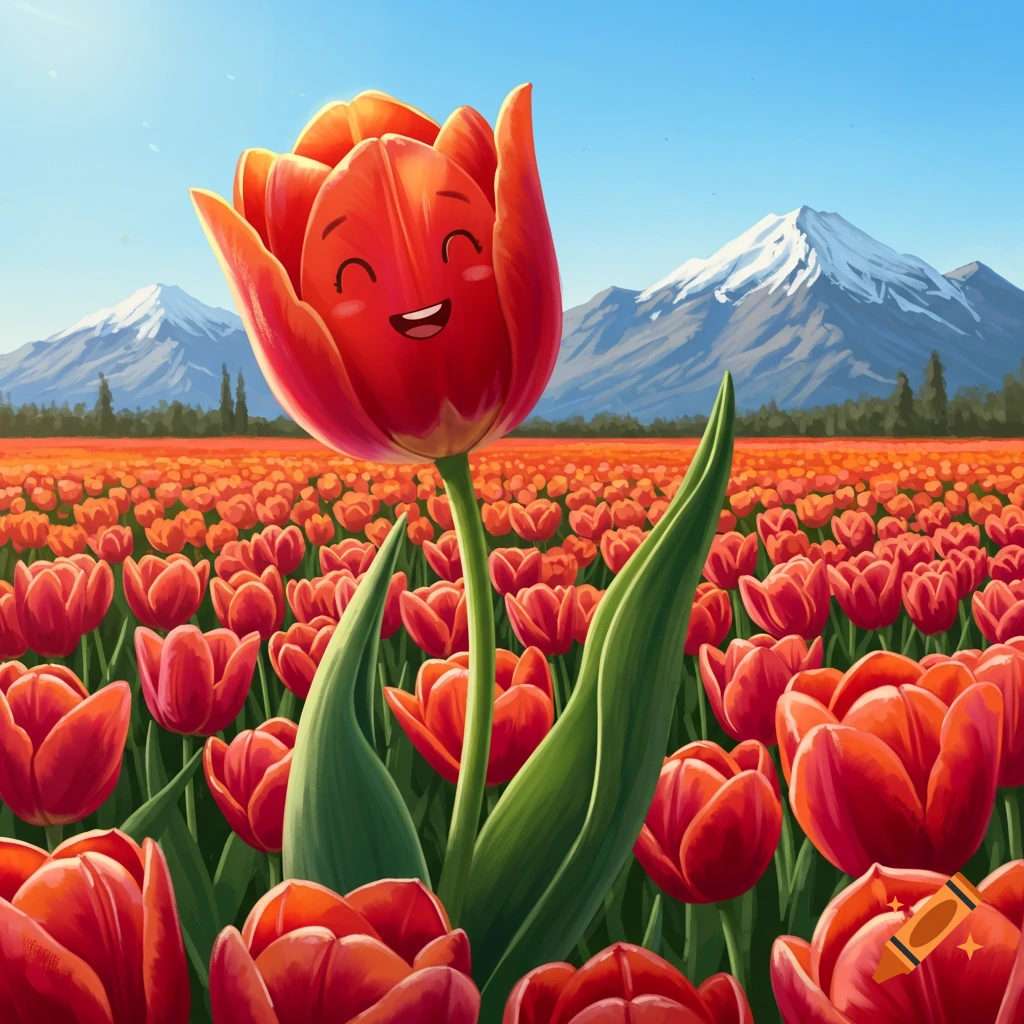 A cartoon red tulip with a happy face stands tall in a field of red tulips, with mountains in the background under a blue sky.
