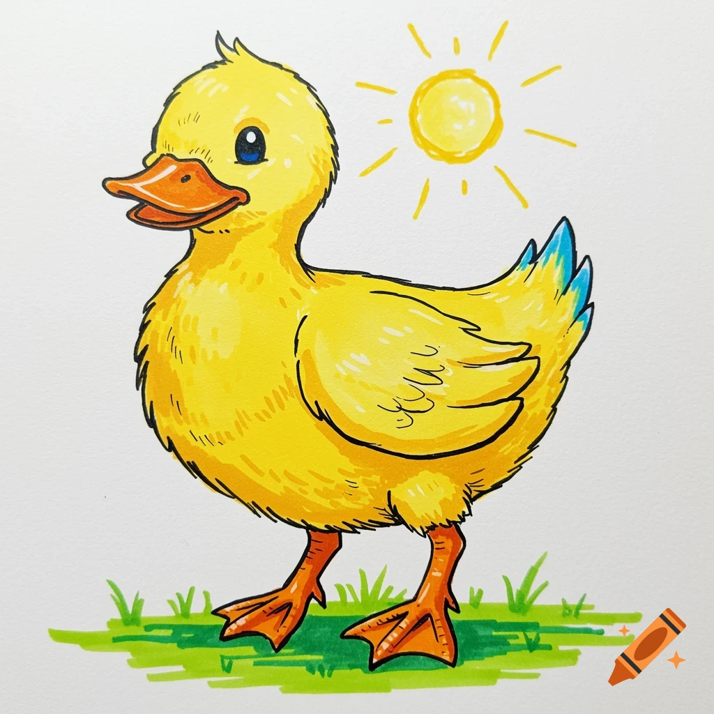 A bright yellow cartoon duck with orange beak and feet stands on green grass under a yellow sun.