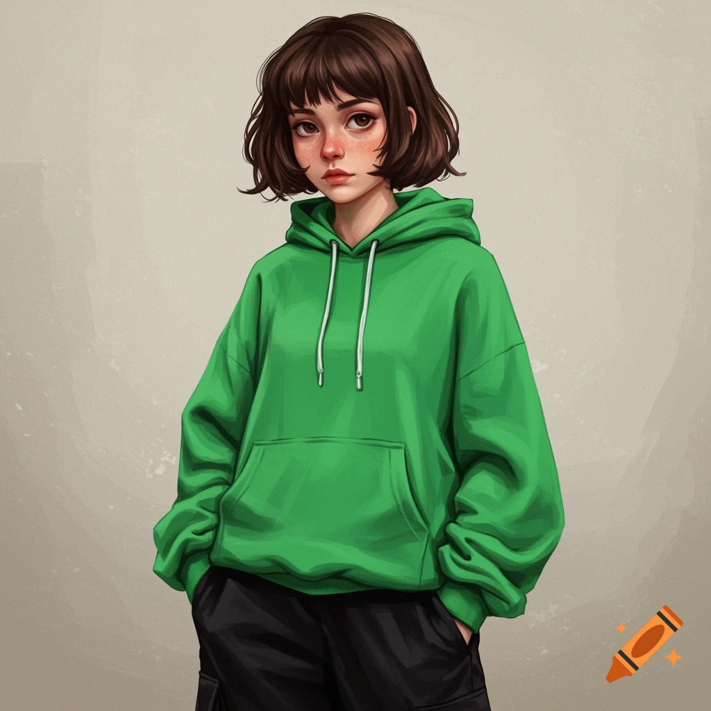 A girl in a green hoodie and black pants with hands in pockets.