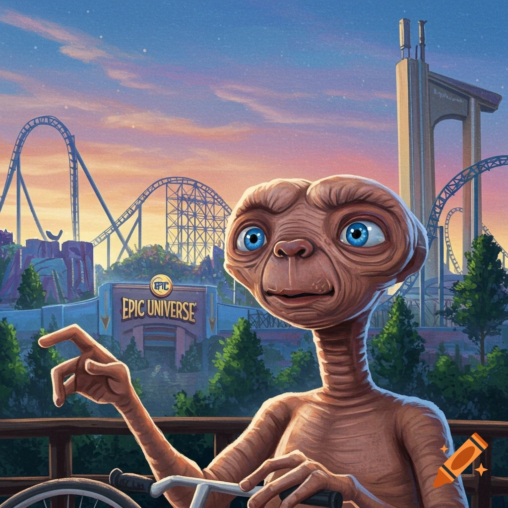 ET at a theme park with roller coasters in the background.