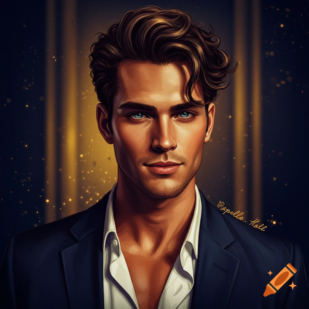 A handsome man is wearing a suit and an open white shirt