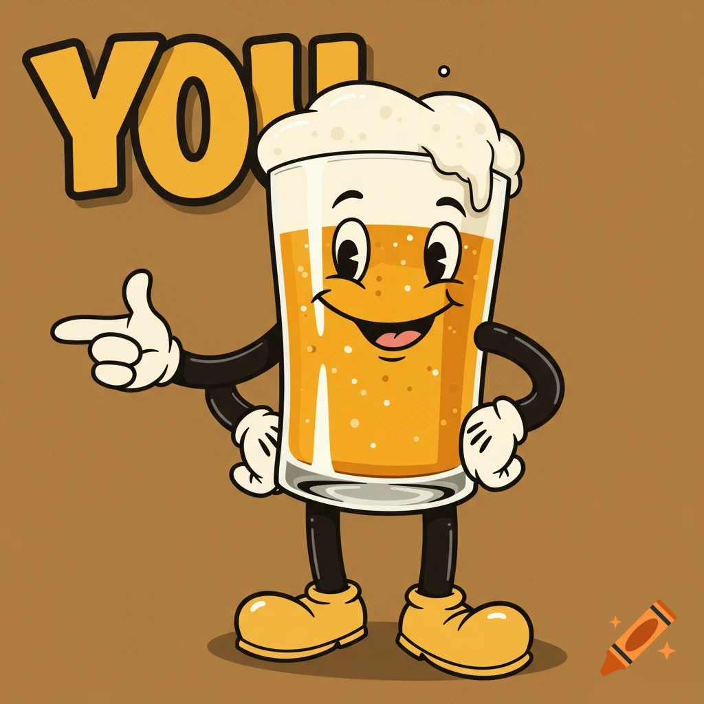 1940s style cartoon beer glass character pointing with the word YOU above it.