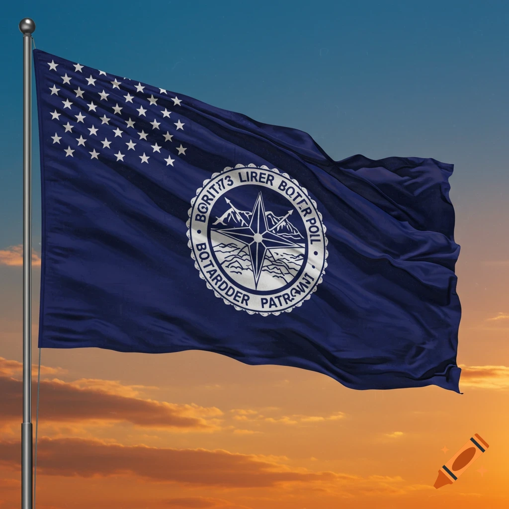 A dark blue flag with white stars and a circular seal waving against a sunset sky
