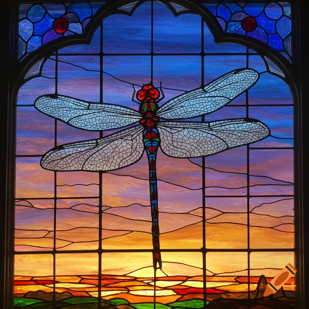 Stained glass window featuring a dragonfly against a sunset or sunrise sky.