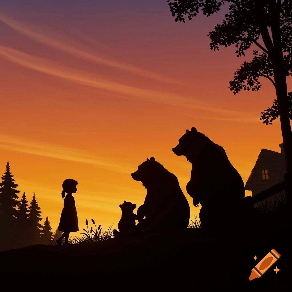 Silhouette of a girl standing before three bears (large, medium, small) against a vibrant orange and purple sunset.