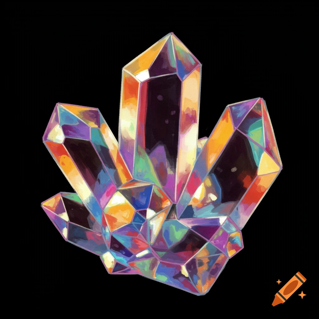 A cluster of colorful faceted crystals sits on a black background.