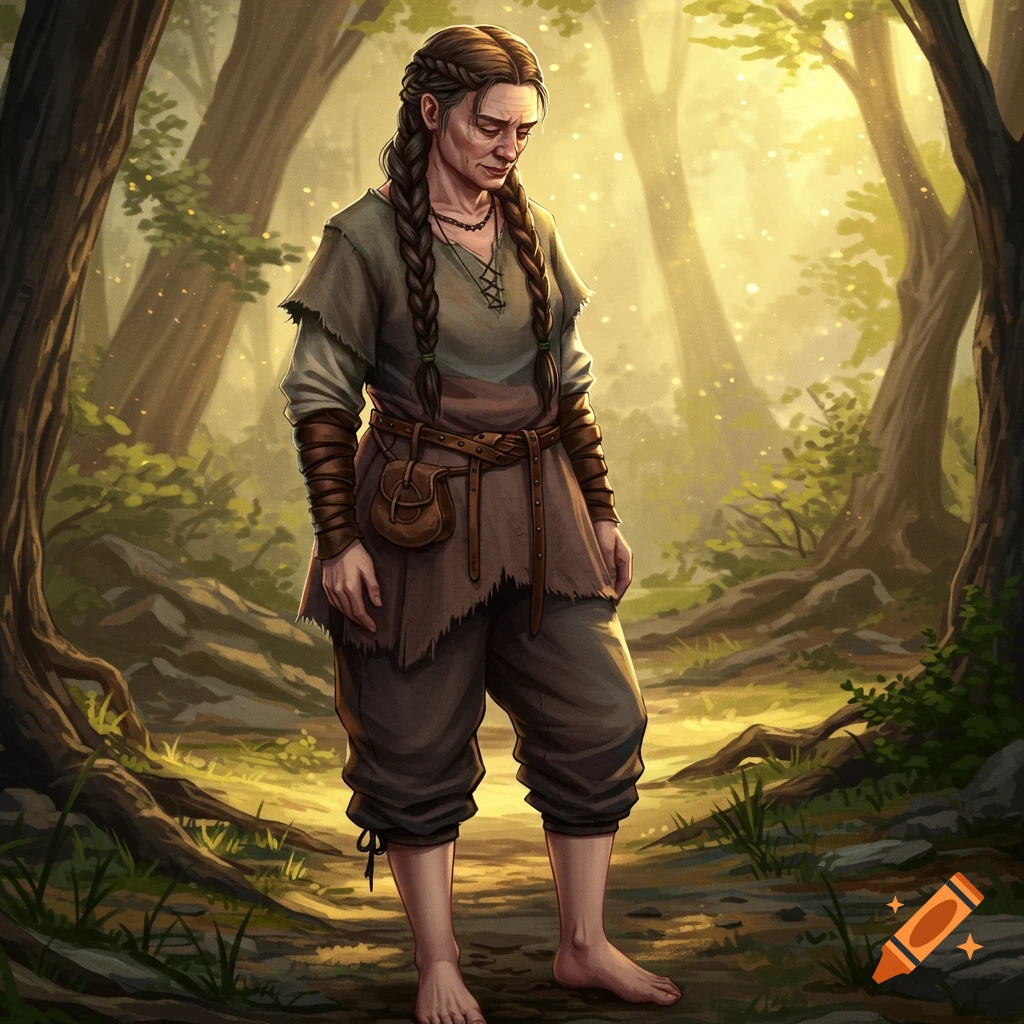 A barefoot woman in medieval clothes stands in a sunlit forest.