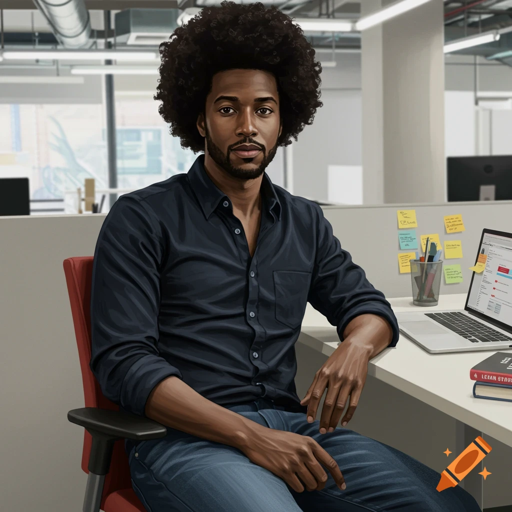 A black man with an afro sits at an office desk.