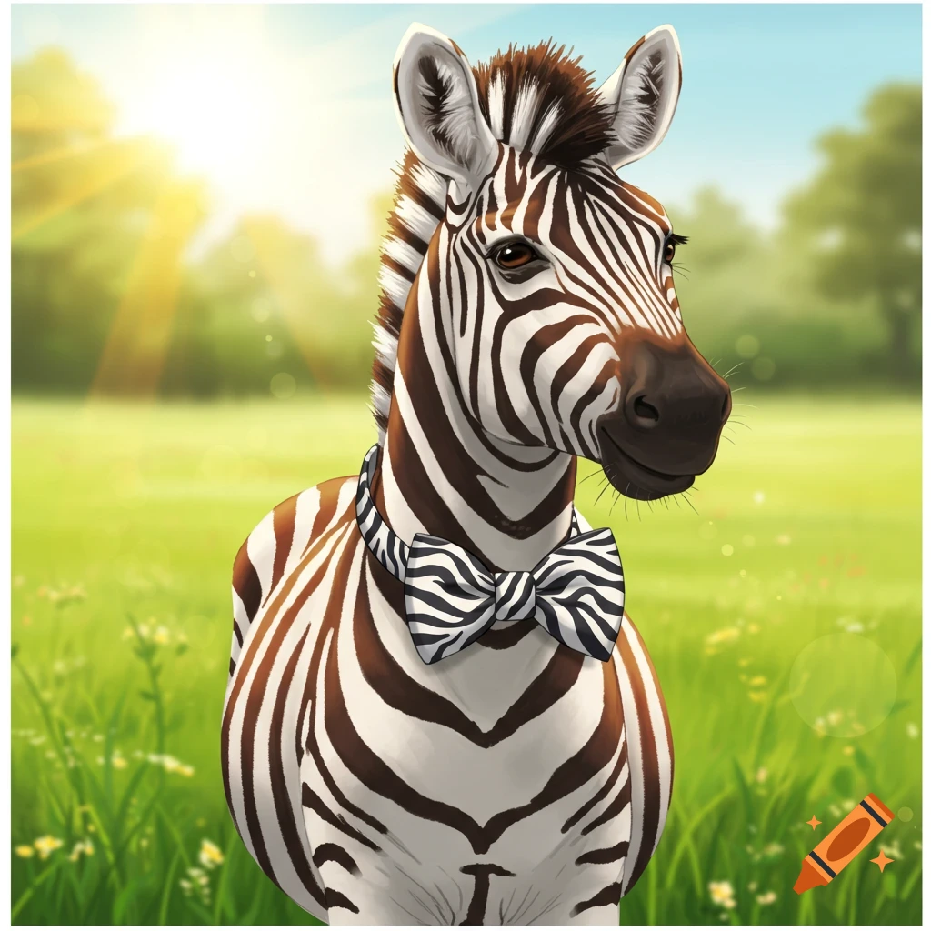 A zebra wearing a bowtie in a field.