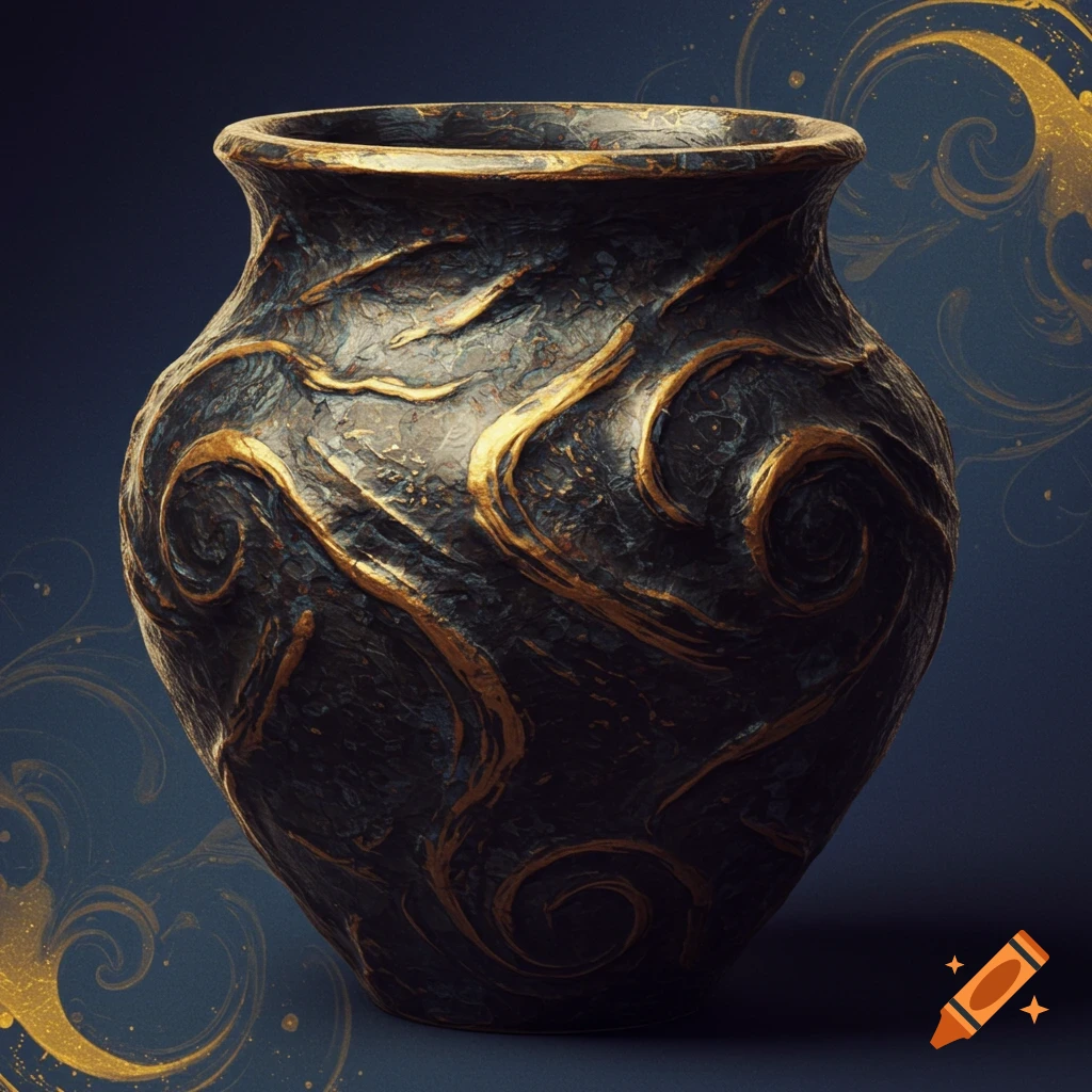 Dark, textured vase with golden swirling patterns