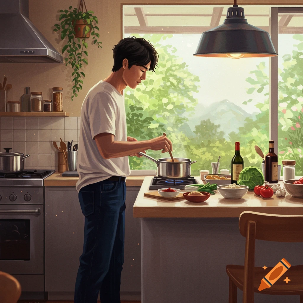 A person cooking in a bright kitchen