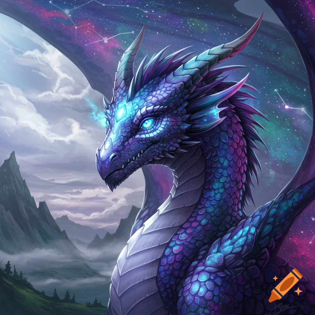 A purple and blue fantasy dragon with glowing eyes against a starry sky and mountains.
