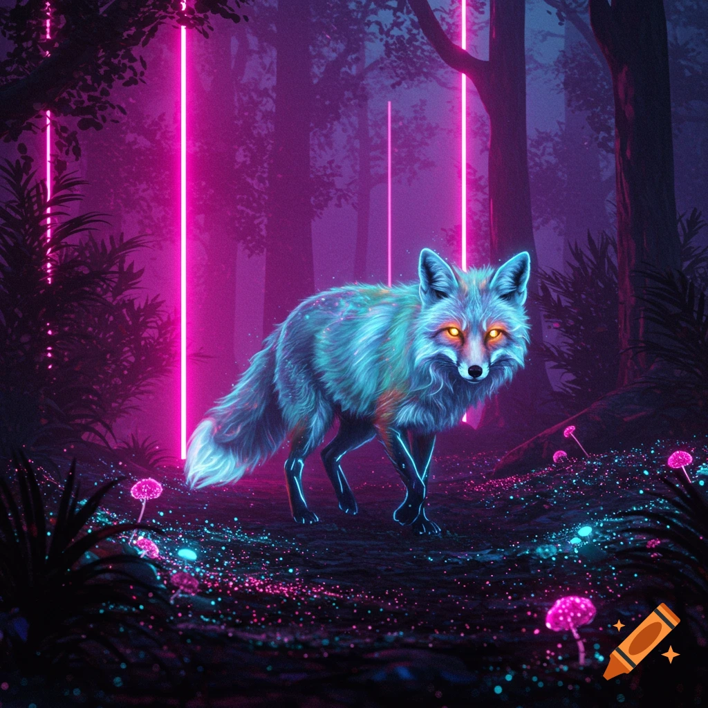 An ethereal fox with glowing eyes walks in a dark forest illuminated by pink neon lights and glowing mushrooms.