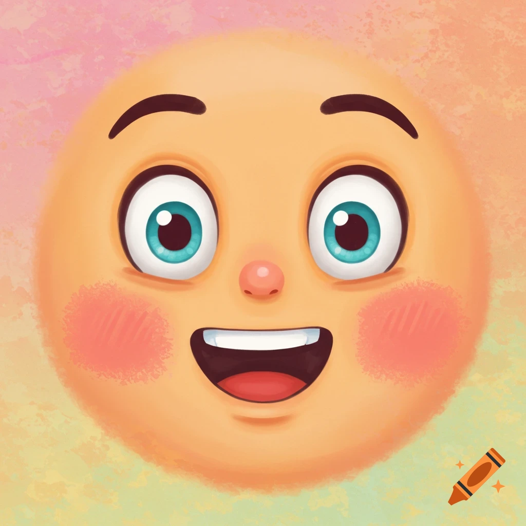 A close-up of a happy cartoon face with wide eyes and rosy cheeks.