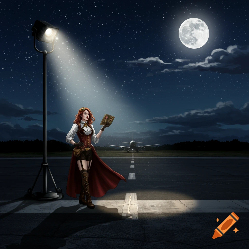 Steampunk woman under spotlight on an airport runway at night with a full moon, holding a book.