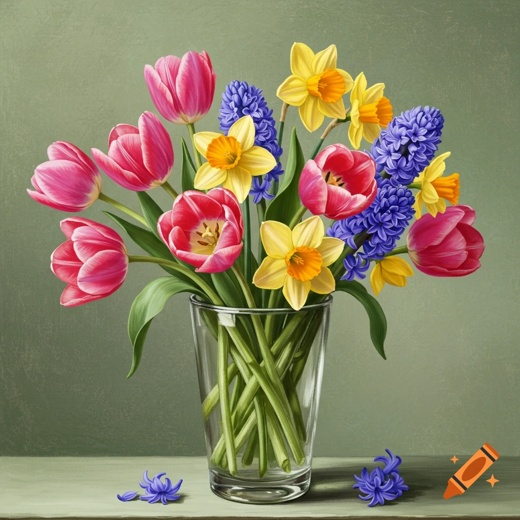 A bouquet of colorful spring flowers in a glass vase.