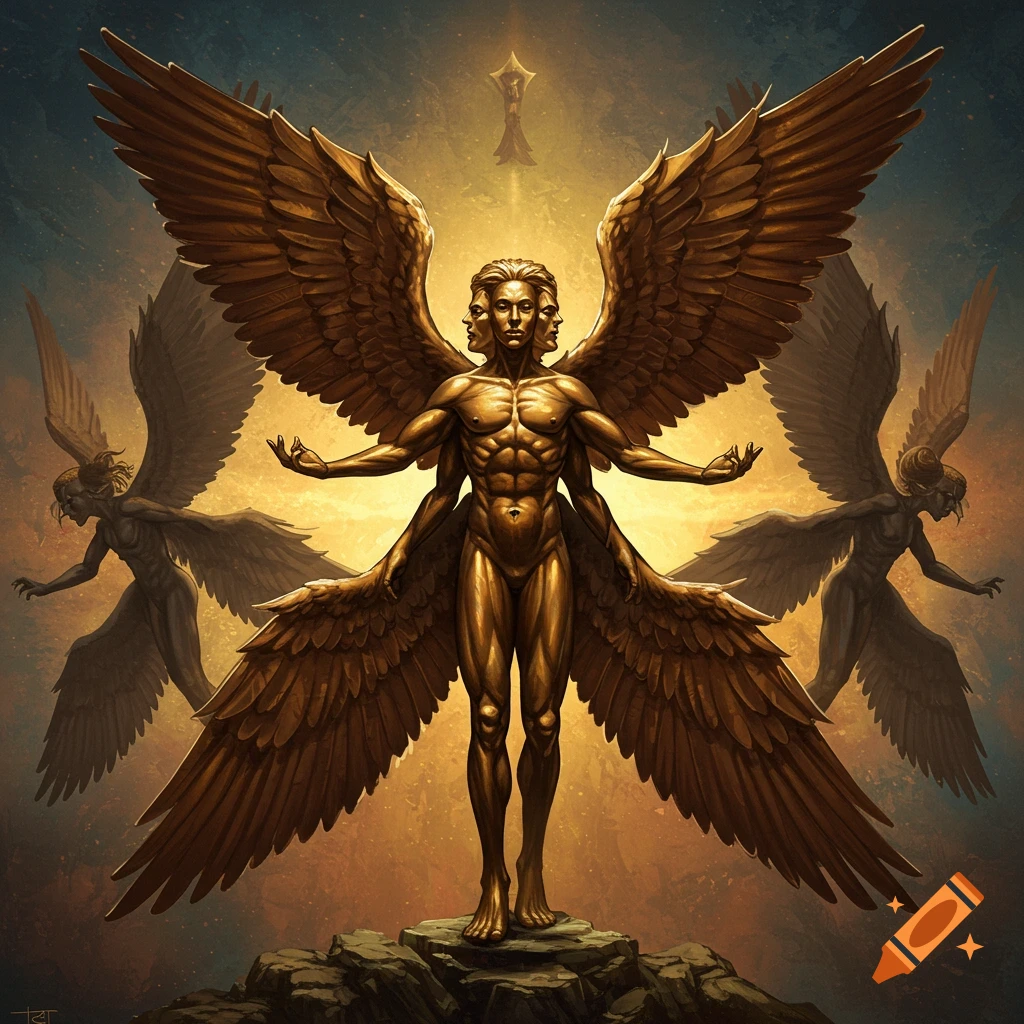 A multi-faced golden angel with many wings stands on rocks, with other angels behind.