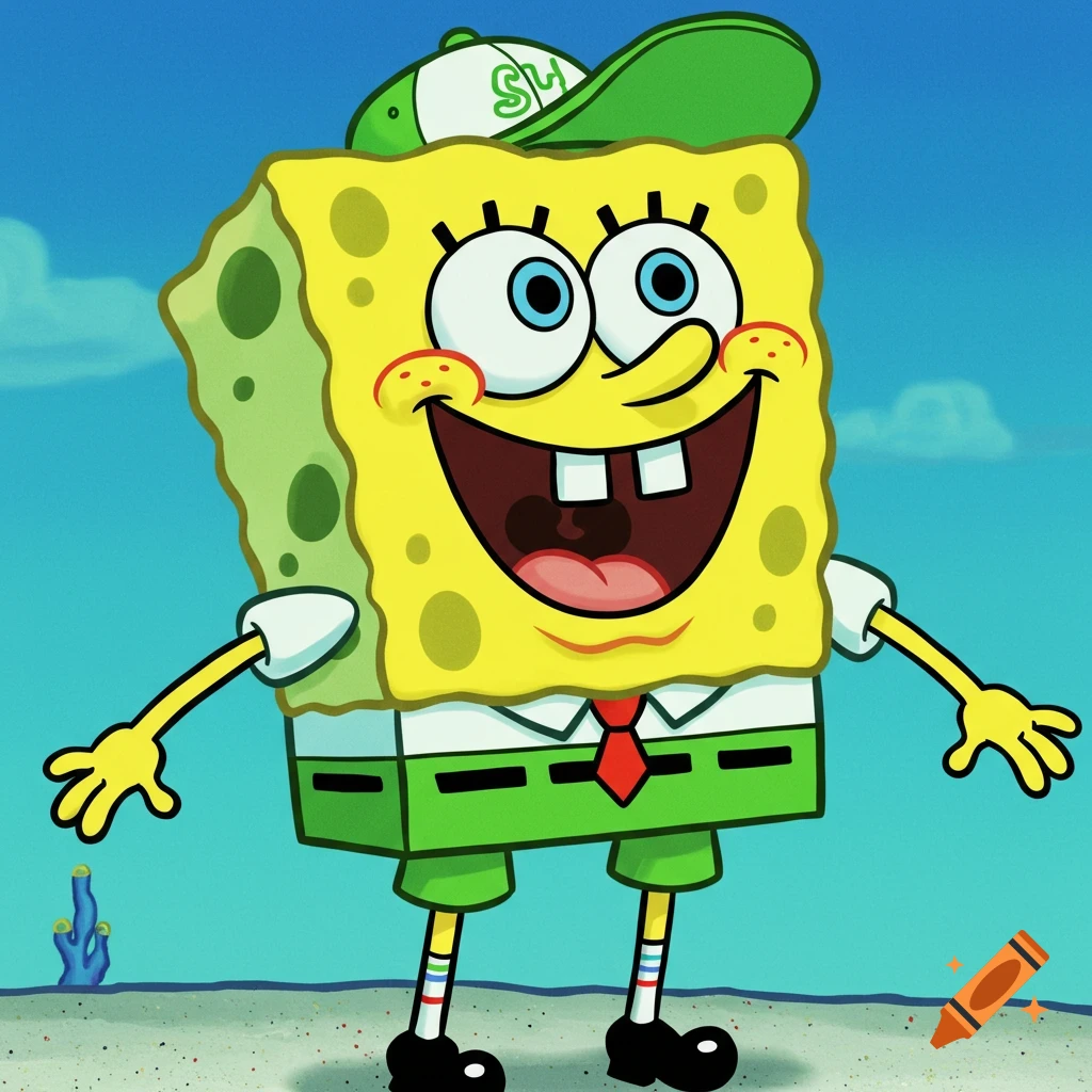 Spongebob Squarepants wearing green pants and a green baseball cap stands on the beach.