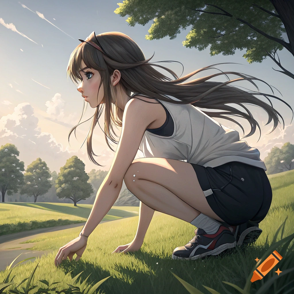 Anime girl in shorts crouching in grass in a park.