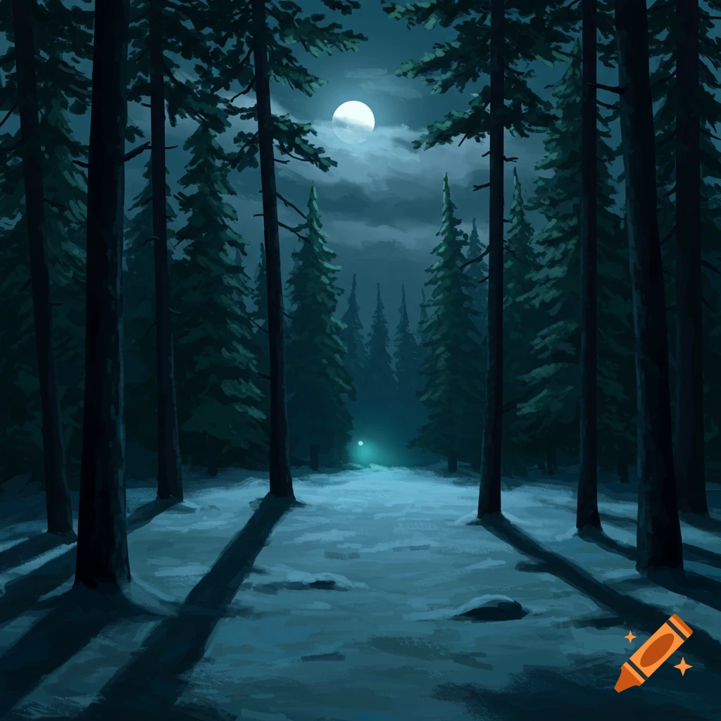 Forest at night, green night sky, light stars, big full