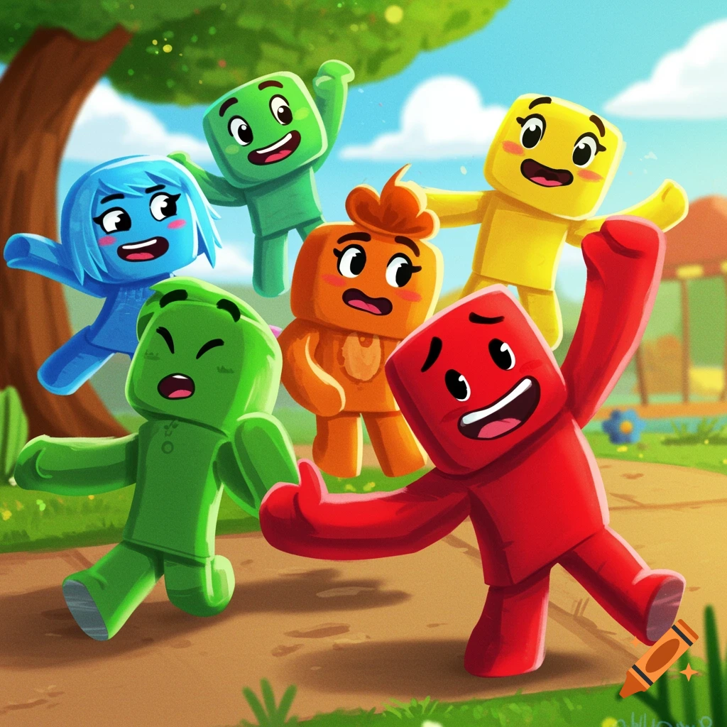 Colorful, blocky cartoon characters resembling Rainbow Friends playing in a park.