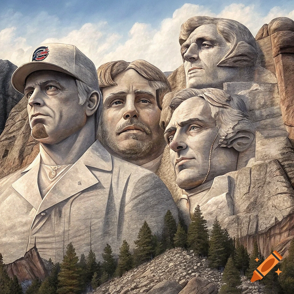 Mount Rushmore parody with carved faces of Mark McGwire, Barry Bonds, Jason Giambi, and Jose Canseco.