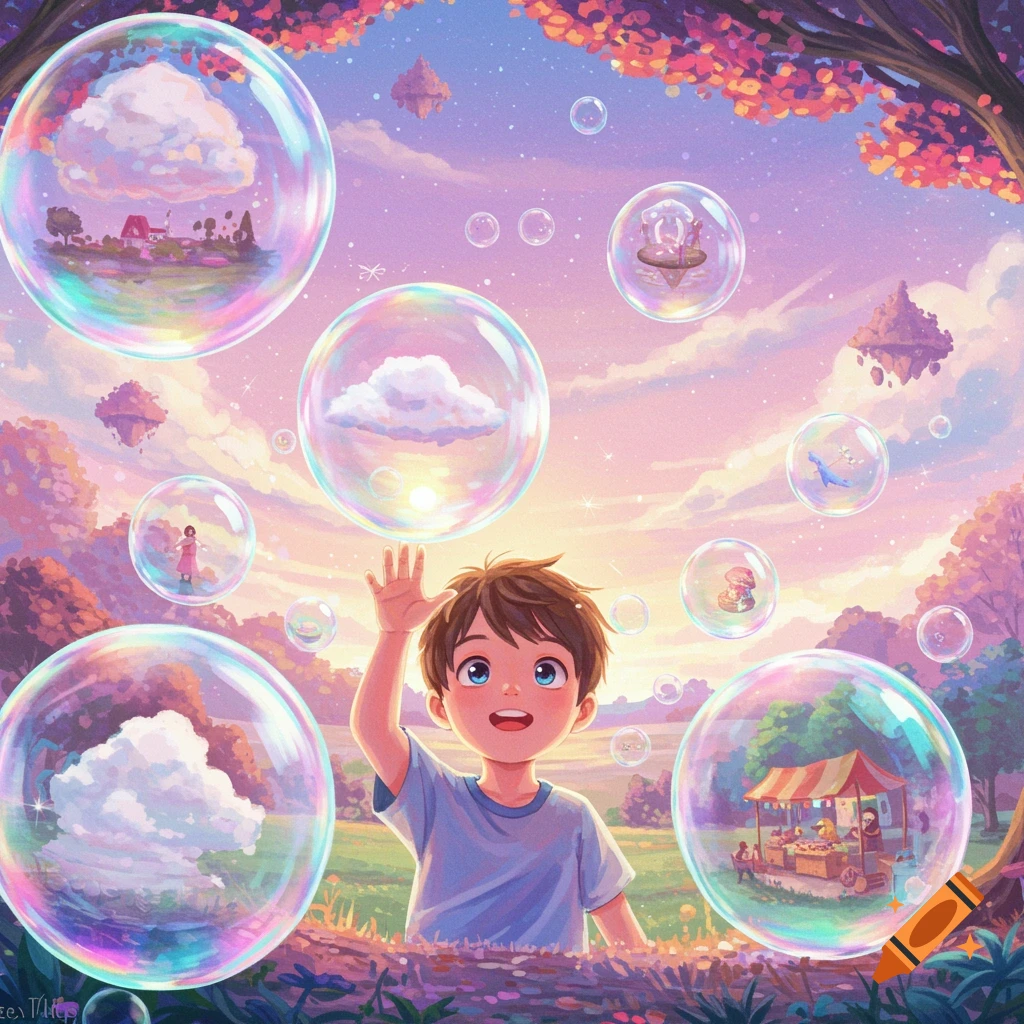 A boy reaching for iridescent bubbles containing fantastical scenes in a surreal landscape.