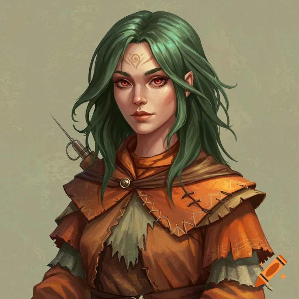A fantasy woman with green hair and red eyes, wearing layered earthy-toned clothes.