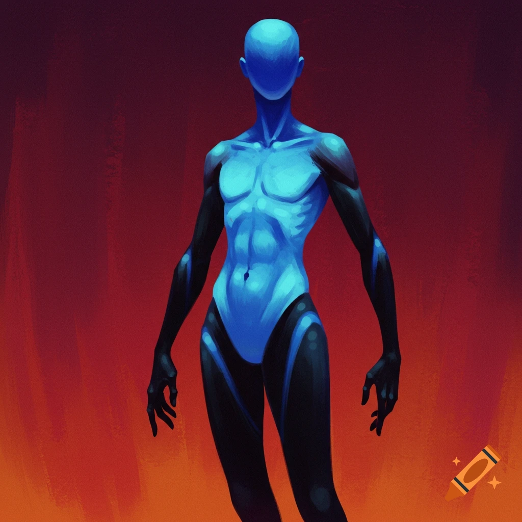 A blue humanoid figure with black limbs in a blue garment against a red-orange background.