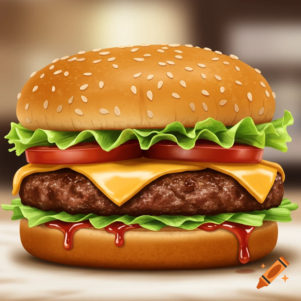 A close-up cheeseburger with lettuce, tomato, cheese, and dripping sauce.