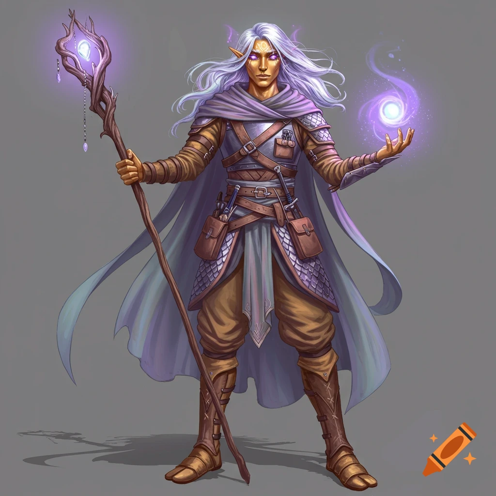 A fantasy elf character with silver hair and gold skin holds a staff and casts purple magic.