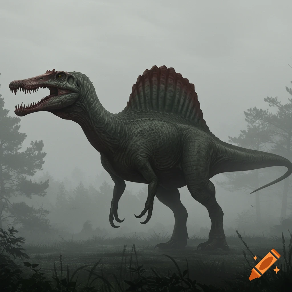 A Spinosaurus in a misty forest.